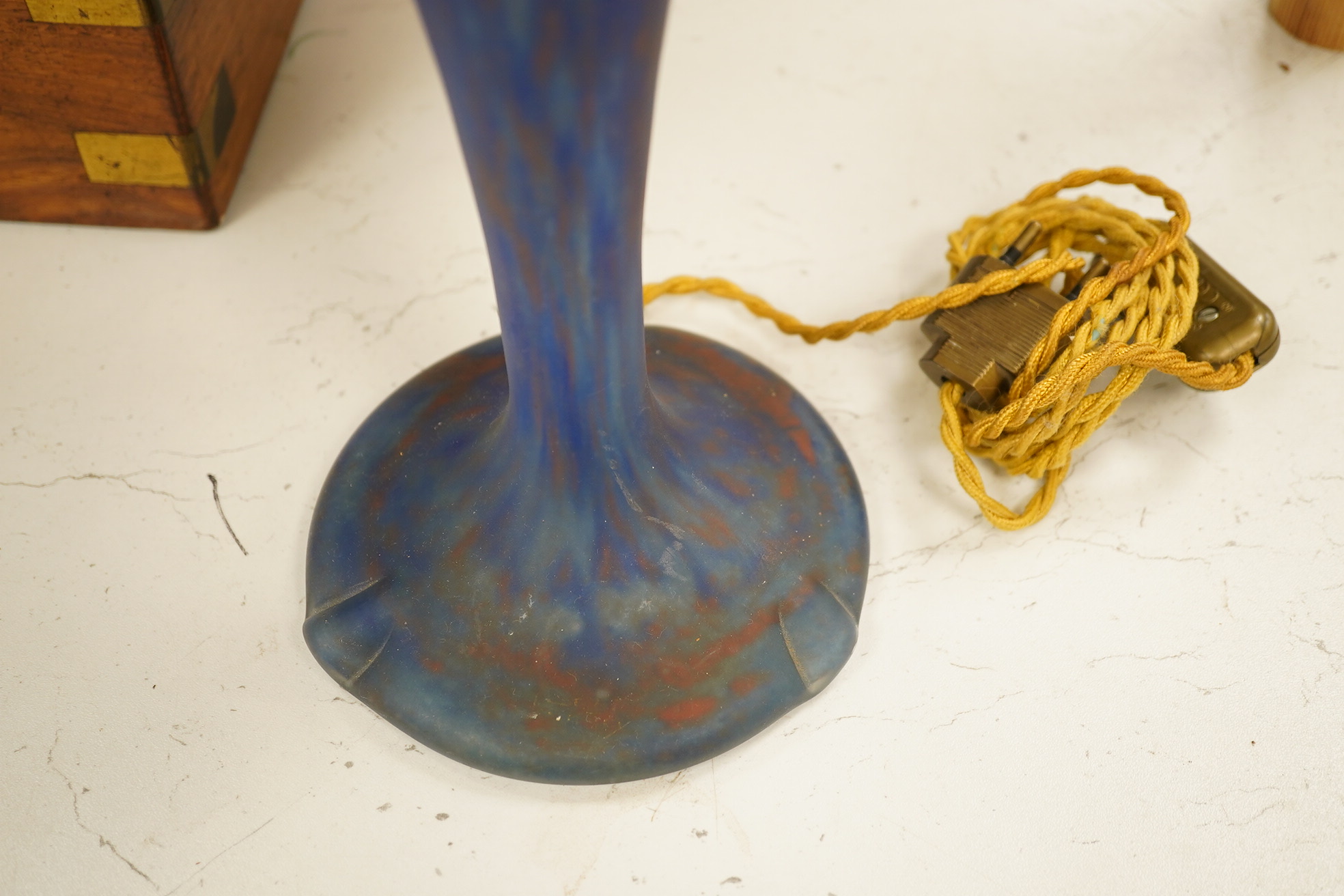 Art Nouveau, ‘Delatte’ mushroom blue glass lamp with hammered metal mount, 45cm high. Condition - good